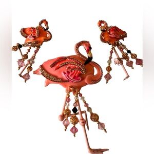 Rare Lunch at the Ritz Rhinestone pink Flamingo brooch & Earring set Retired